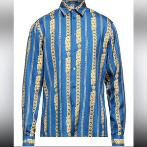 Versace men’s La Greca chain logo monogram all over informal silk dress shirt